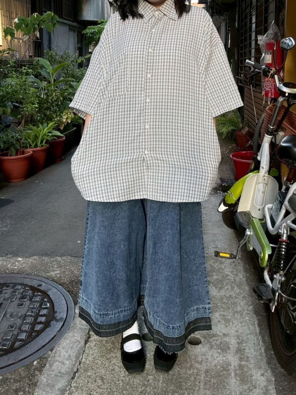 寬鬆泡泡布格紋襯衫 