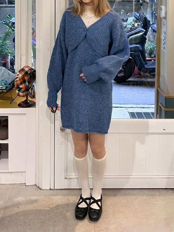 混線針織罩衫+吊帶洋裝兩件套 