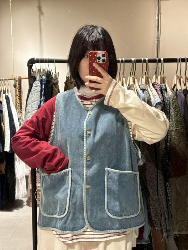 撞色邊大口袋寬鬆牛仔背心 