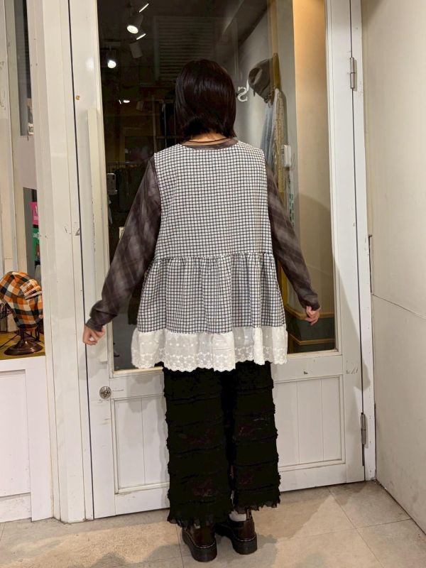 格紋拼接蕾絲下擺背心洋裝 