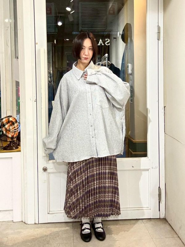 細直條紋皺皺布落肩寬版襯衫 