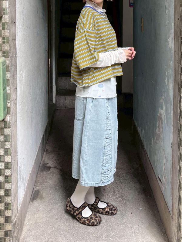 牛仔皺皺設計七分褲 