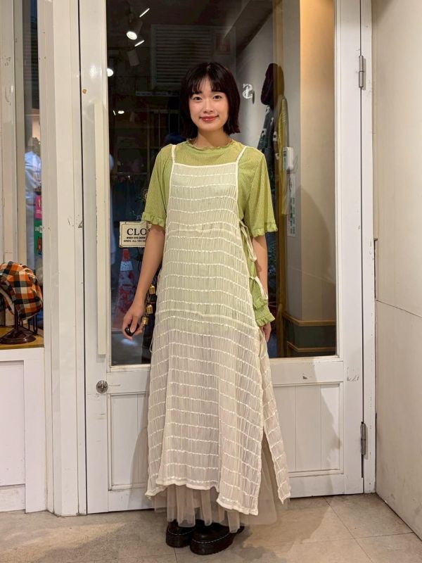 抓皺長方格測綁帶紗質長罩衫 