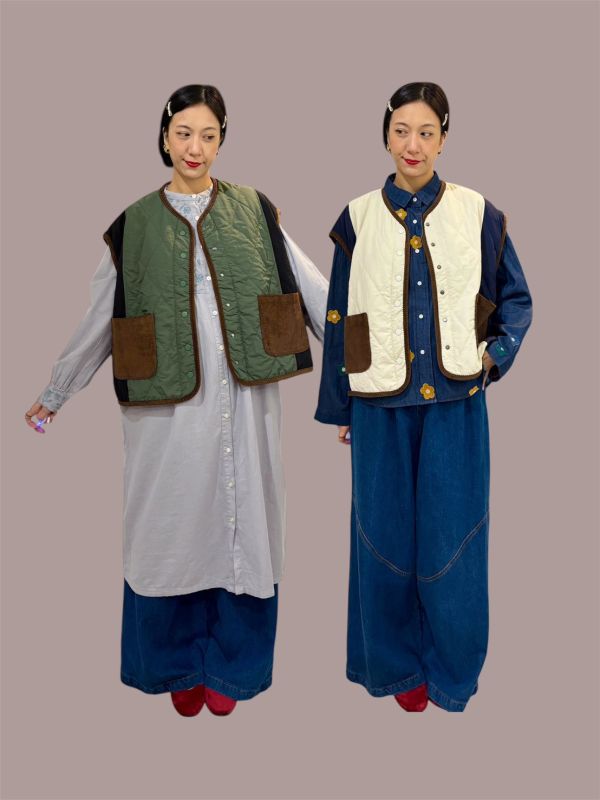 橫縫拼接燈芯絨口袋背心 