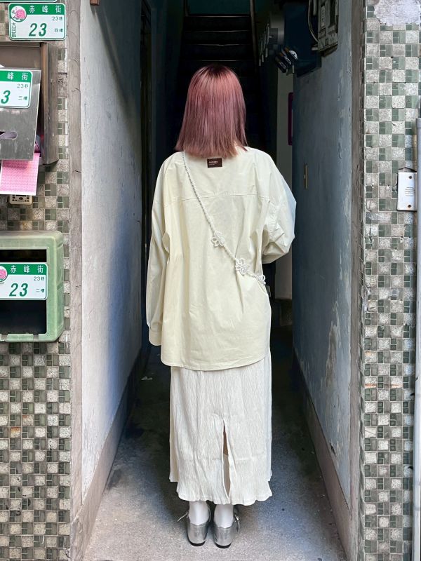 燈芯絨後開衩直筒皺皺裙 