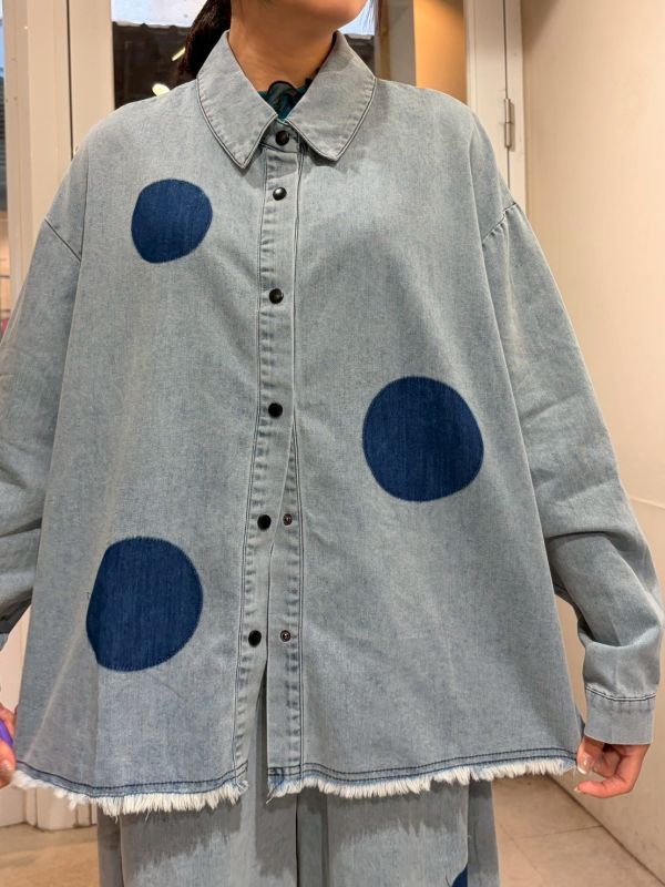 拼接布大圓點抽鬚下擺銀釦牛仔外套+寬褲 