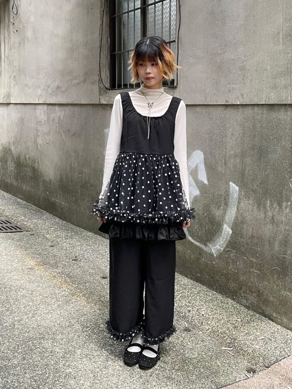 拼接波點紗紗下擺長褲 