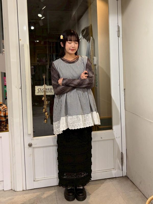 格紋拼接蕾絲下擺背心洋裝 