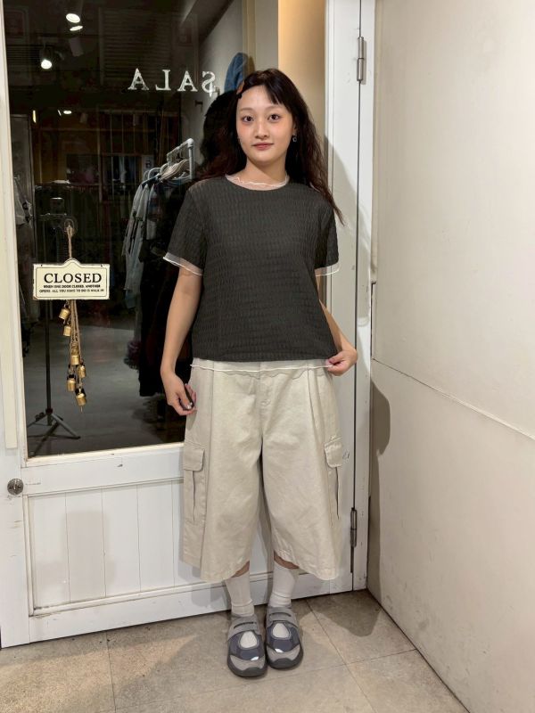立體水波紋假兩件透紗上衣 