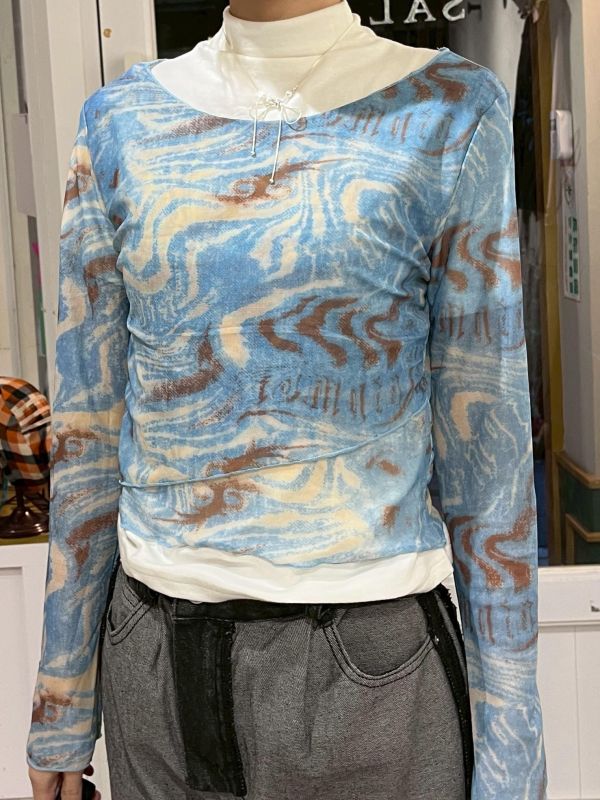 油畫渲染雙層透膚長袖上衣 