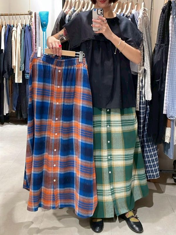 兩側邊抽繩襯衫式下擺格紋裙 