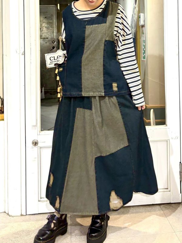 牛仔拼接破壞抽鬚套裝 