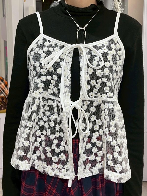 綁帶滿版刺繡小花可調節吊帶背心 