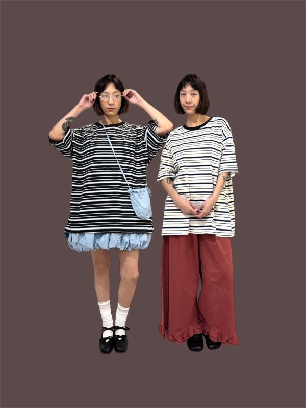 黑色滾邊領三色條紋tee 
