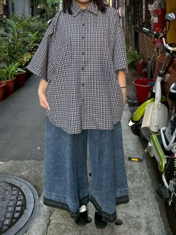 寬鬆泡泡布格紋襯衫 