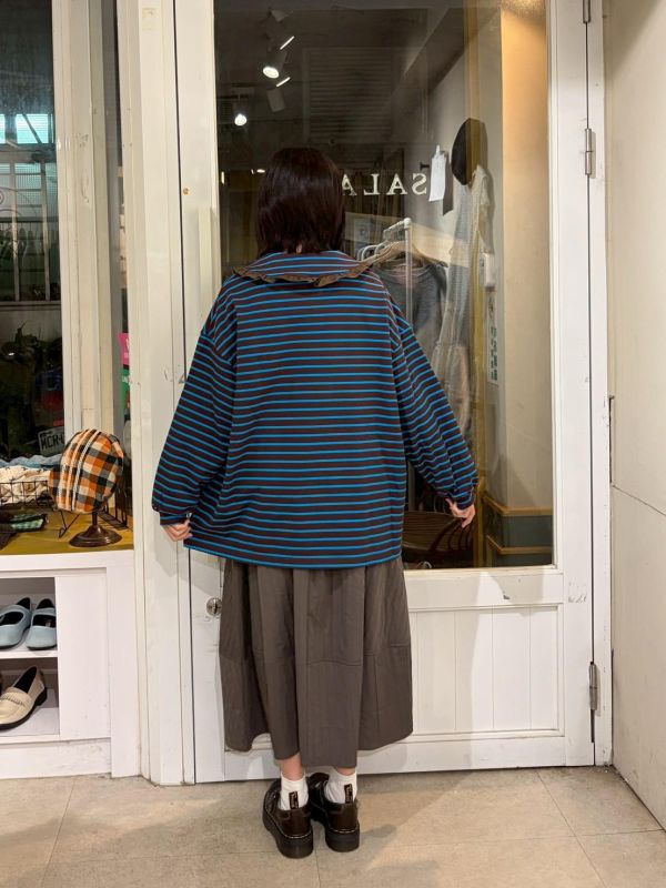 百搭條紋荷葉領休閒上衣 