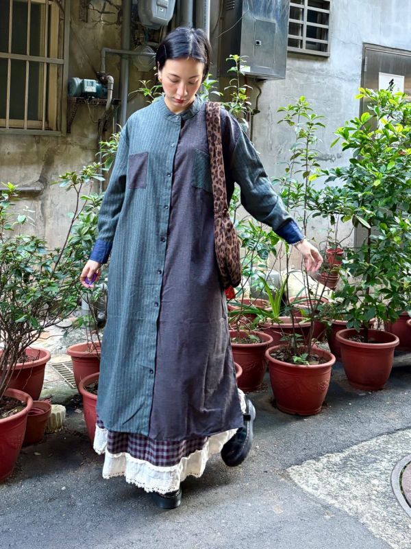 條紋拼接牛仔袖口長版襯衫洋裝 