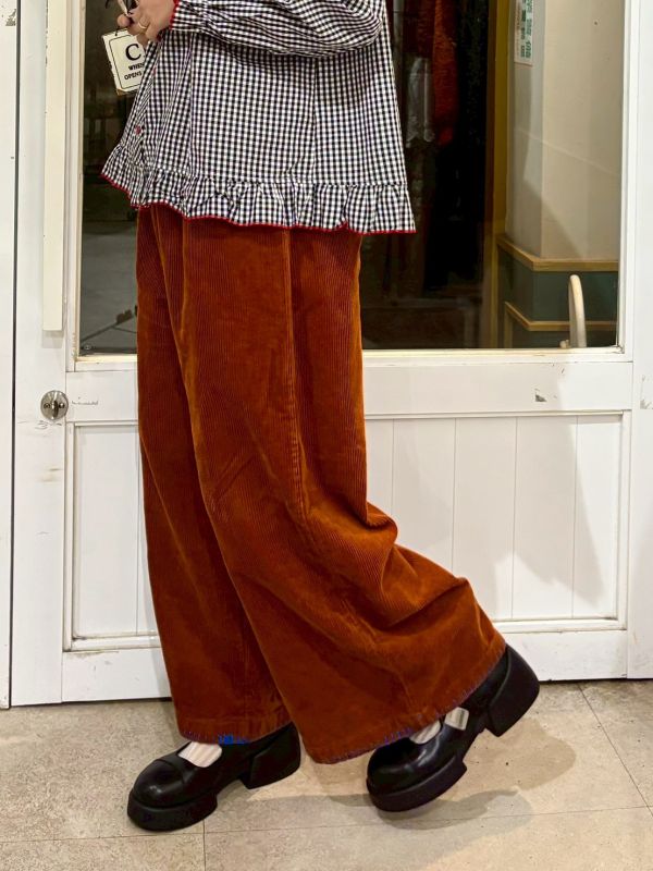 鬆緊腰下擺縫線燈芯絨褲九分寬褲 