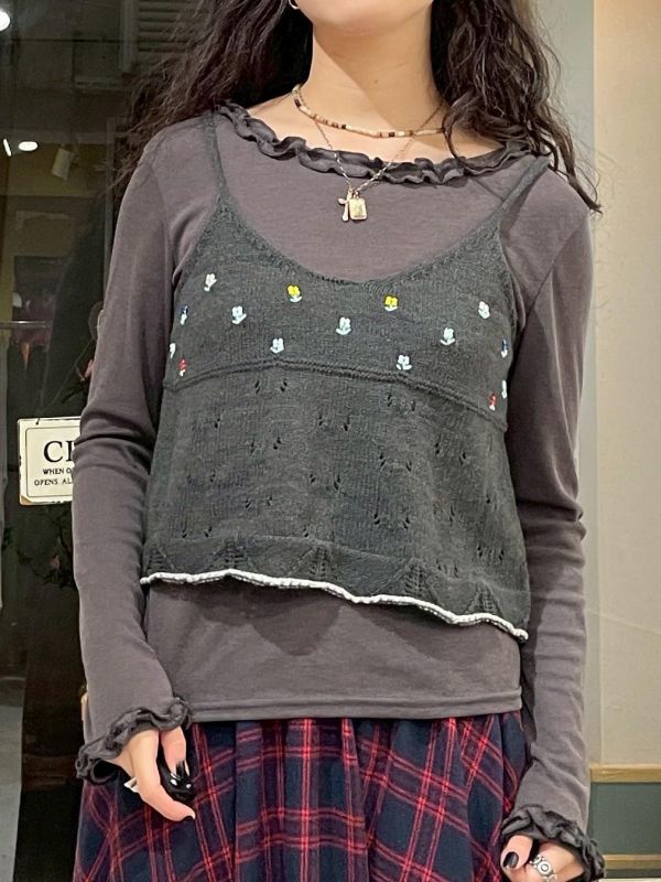 立體彩色珠珠小花撞色滾邊細肩小背心 