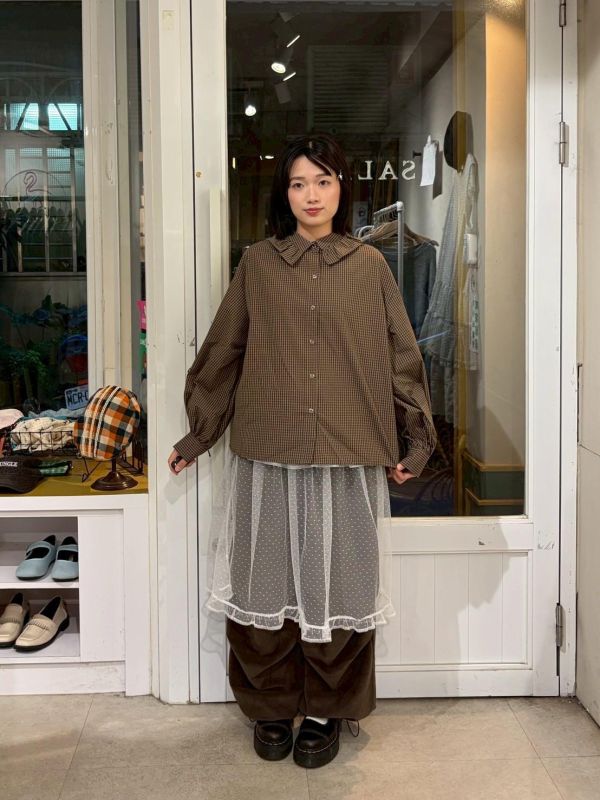 袖子蝴蝶結綁帶荷葉領格紋襯衫 