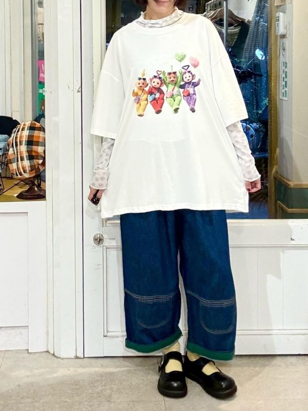 褲腳反折拼接繭型九分褲牛仔寬褲 