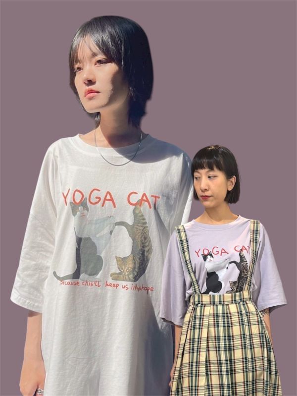 Yoga cat 瑜伽貓oversize圖T 