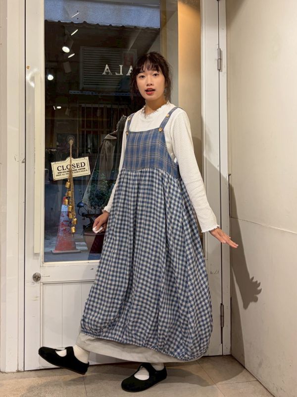 大小格紋拼接花苞木釦吊帶裙 