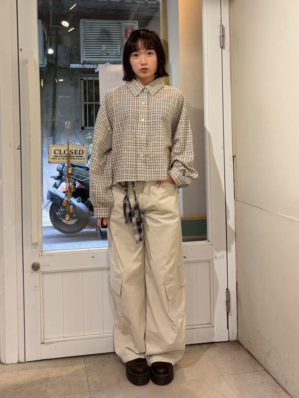 格紋前短後長襯衫 