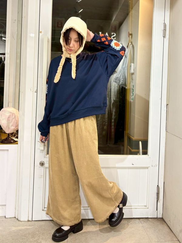 鬆緊腰下擺縫線燈芯絨褲九分寬褲 