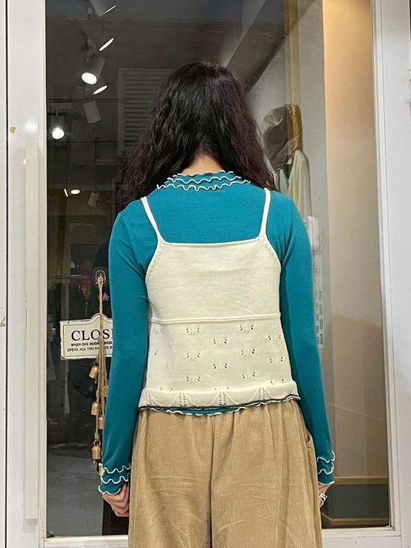 立體彩色珠珠小花撞色滾邊細肩小背心 