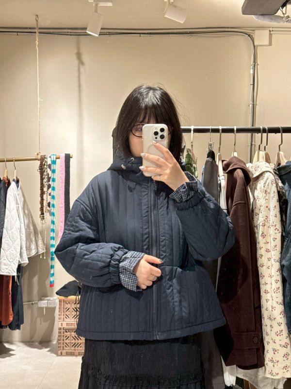 假兩件格紋滾邊袖口抽繩連帽外套 