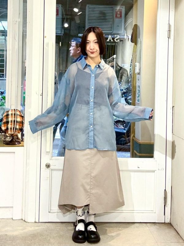 後開衩綁帶透膚襯衫 