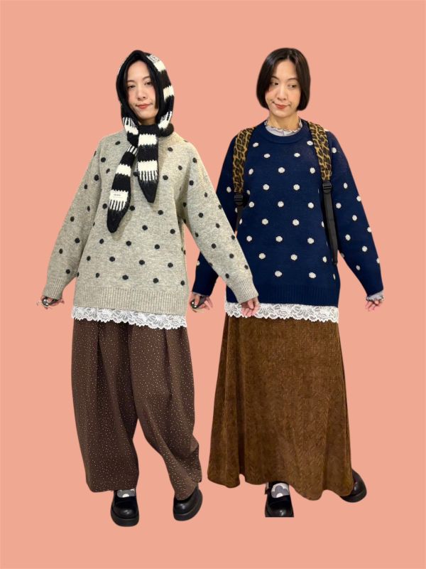 波點下擺拼接蕾絲長版針織毛衣 