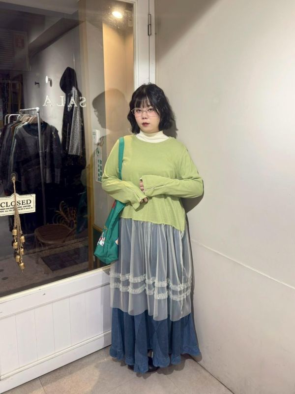 針織花釦長袖拼接滾邊紗洋裝 