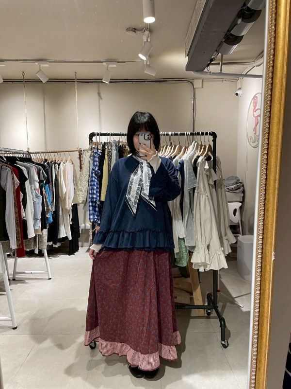 復古紅滿版小花格紋拼接裙 