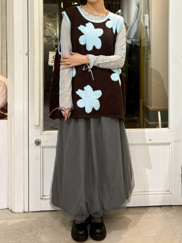 撞色藍花針織背心 