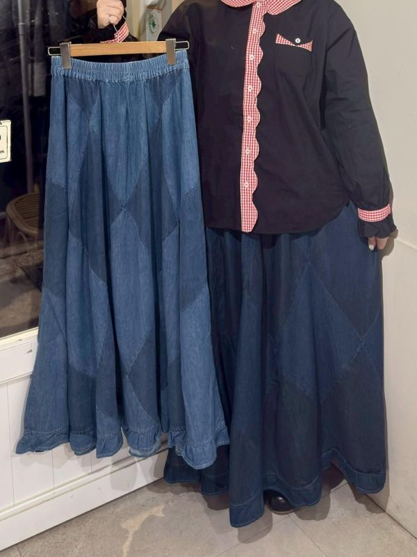 大格紋拼接荷葉下擺鬆緊腰傘裙 