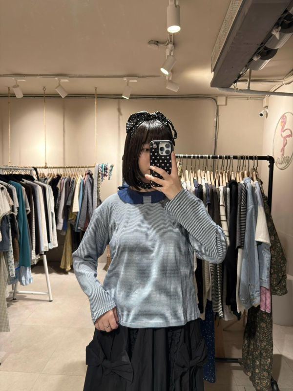 異材質荷葉領條紋長袖 
