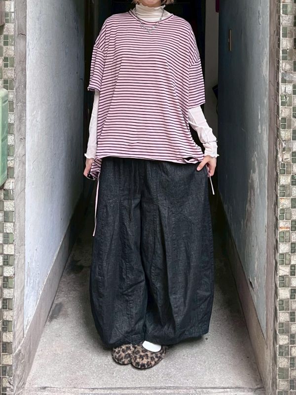 破壞感條紋落肩短袖上衣 