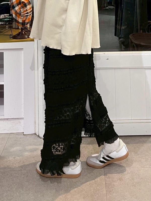 抽繩蕾絲花邊層次彈力長裙 