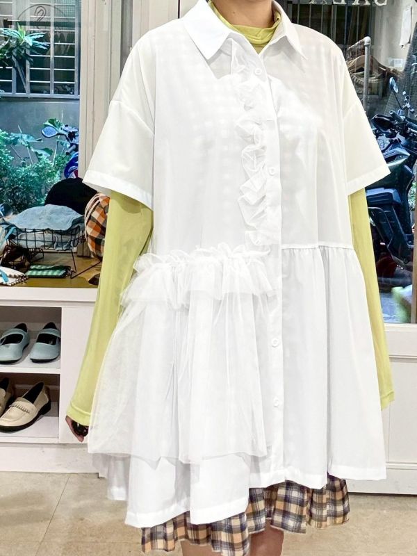 設計感抓皺紗拼接短袖襯衫 