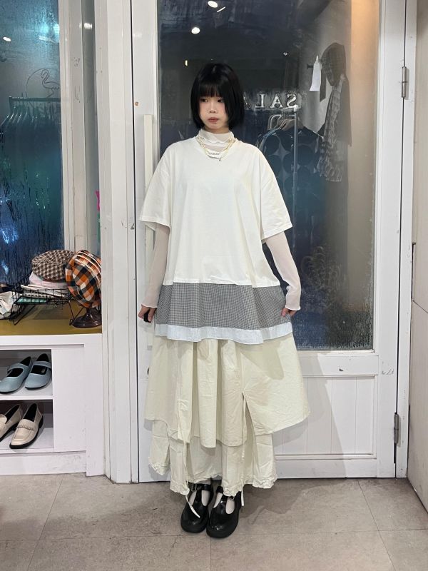 下擺拼接格紋寬版短袖上衣 