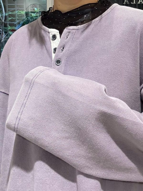 韓國男裝羅紋亨利領霧紫長袖上衣 