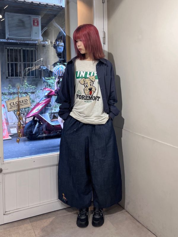 長頸鹿刺繡薄牛仔綁帶寬褲 