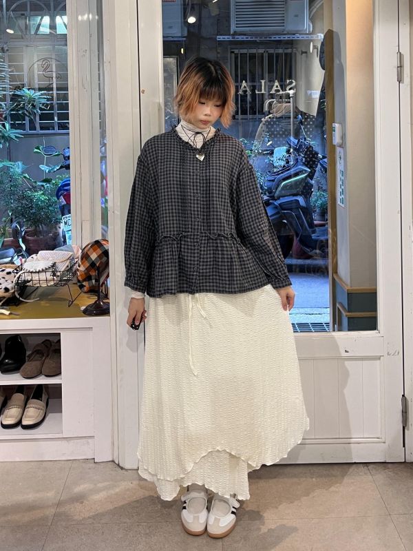 雙層不規則後開衩皺皺抽繩長裙 