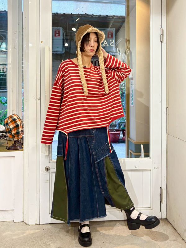 紅白條紋下擺垂繩長袖上衣 