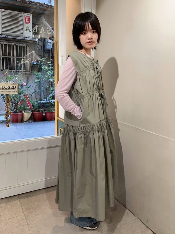 胸前抓皺綁帶無袖外搭長洋 