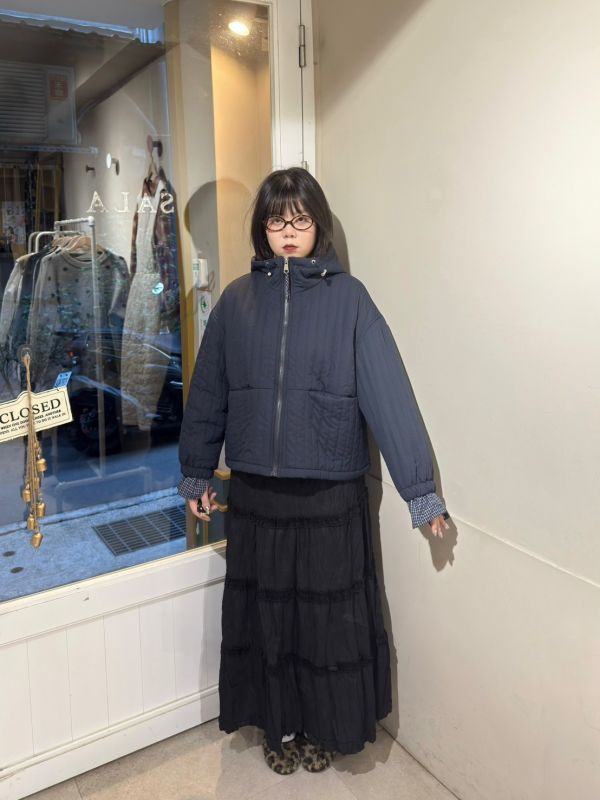 假兩件格紋滾邊袖口抽繩連帽外套 