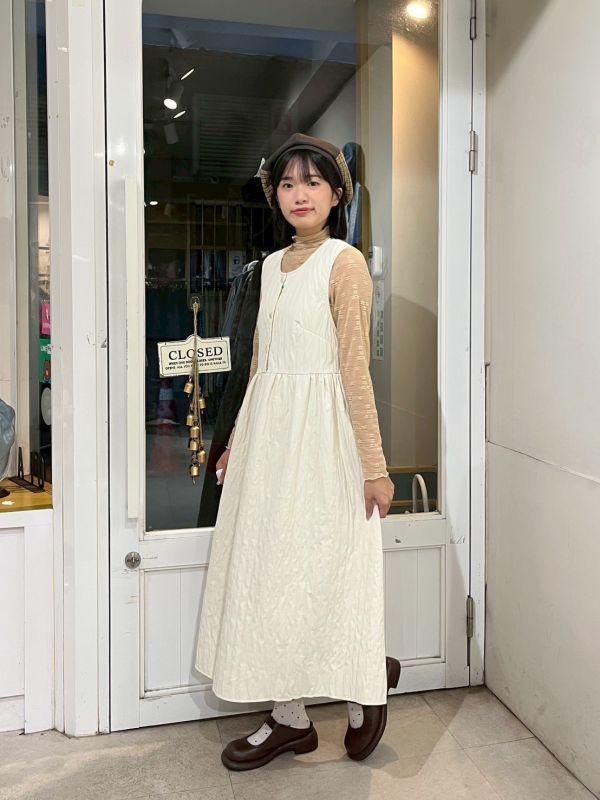絎縫直紋胸前釦後綁帶長洋裝 