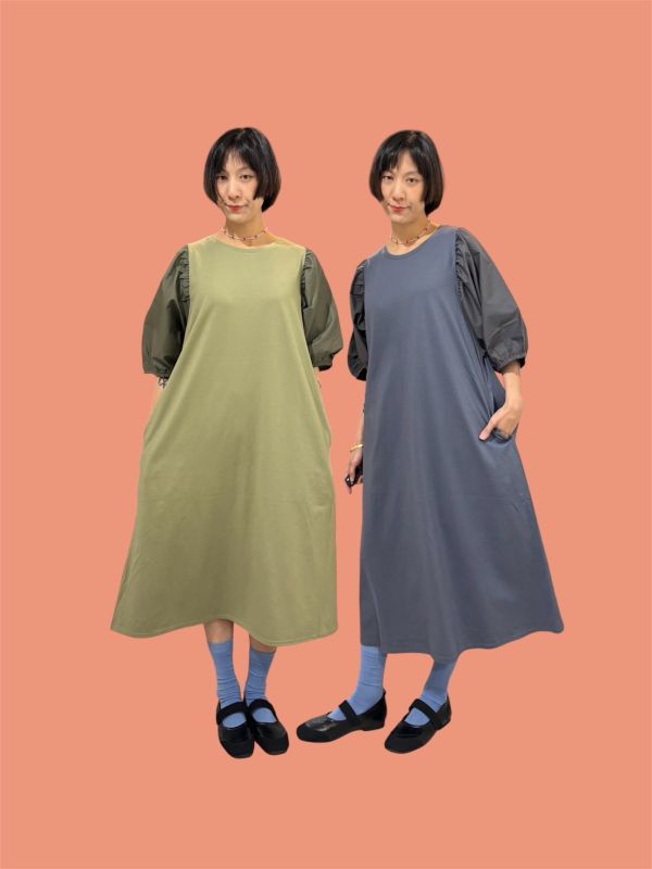 異材質拼接澎澎袖長洋裝 